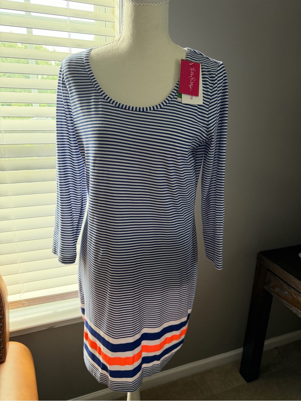 Lilly Pulitzer Navy and White Striped Midi Dress with Orange Accent